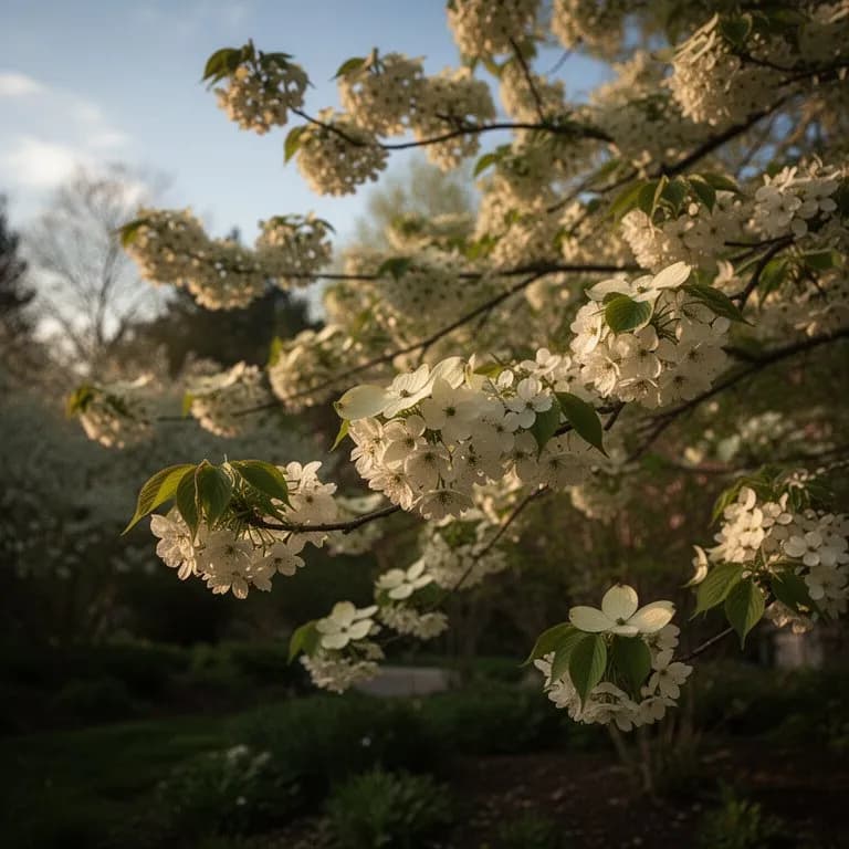 Kousa dogwood tree covered in white star-shaped bracts in early summer