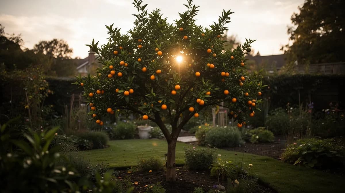 Kumquatbaum in einem großen Terrakottatopf auf einer Terrasse