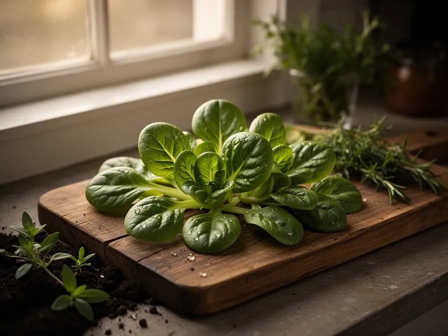 Close-up of lamb's lettuce leaves showing their distinctive rounded spoon shape and smooth dark green surface