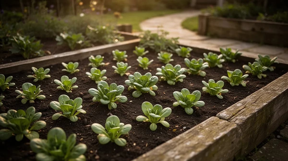 Dense carpet of lamb's lettuce growing as a winter ground cover in a garden bed