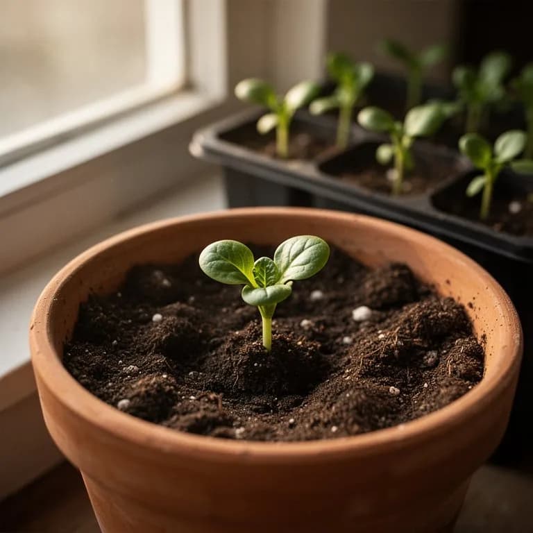 Tiny lamb's lettuce seedlings with paired spoon-shaped cotyledon leaves emerging in a row