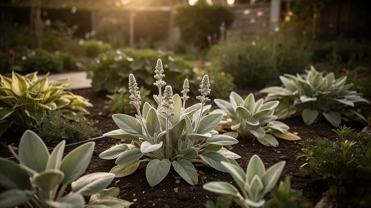 Wollziest als Einfassung entlang eines steinernen Gartenwegs gepflanzt
