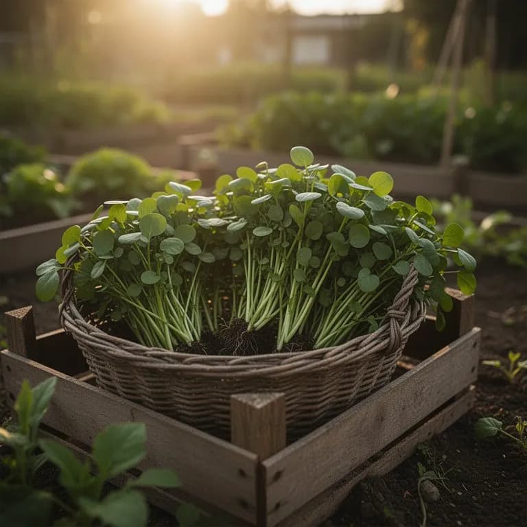 Freshly harvested land cress leaves with glossy dark green foliage on a wooden board