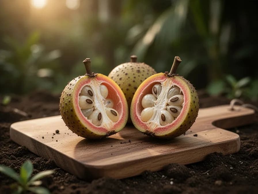 Geschälte Langsat-Frucht mit fünf durchscheinenden weißen Fruchtfleischsegmenten und einem sichtbaren kleinen Samen