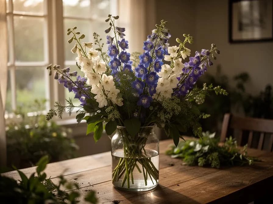 Flores secas de espuela de caballero extendidas sobre una superficie de madera