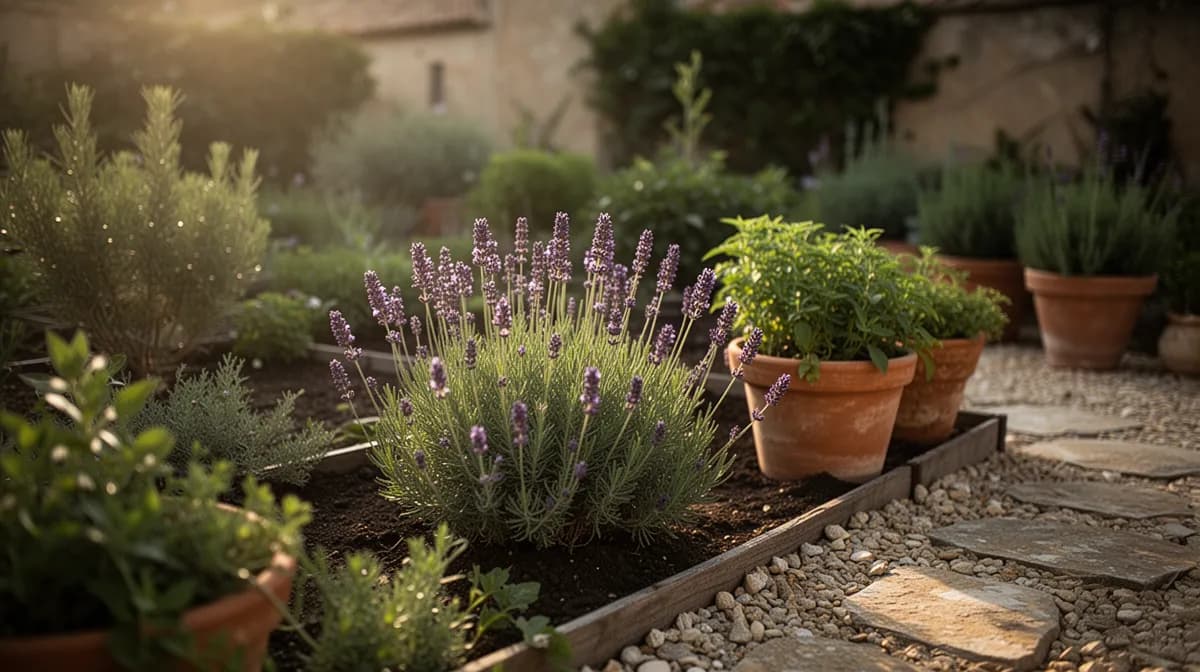 Lavender border planting along a garden path