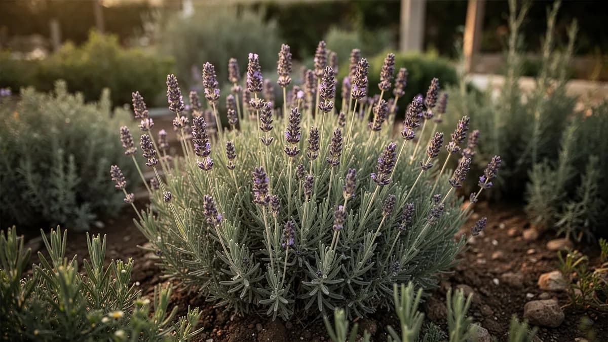 Capullos de lavanda culinaria en un cuenco pequeño junto a productos horneados