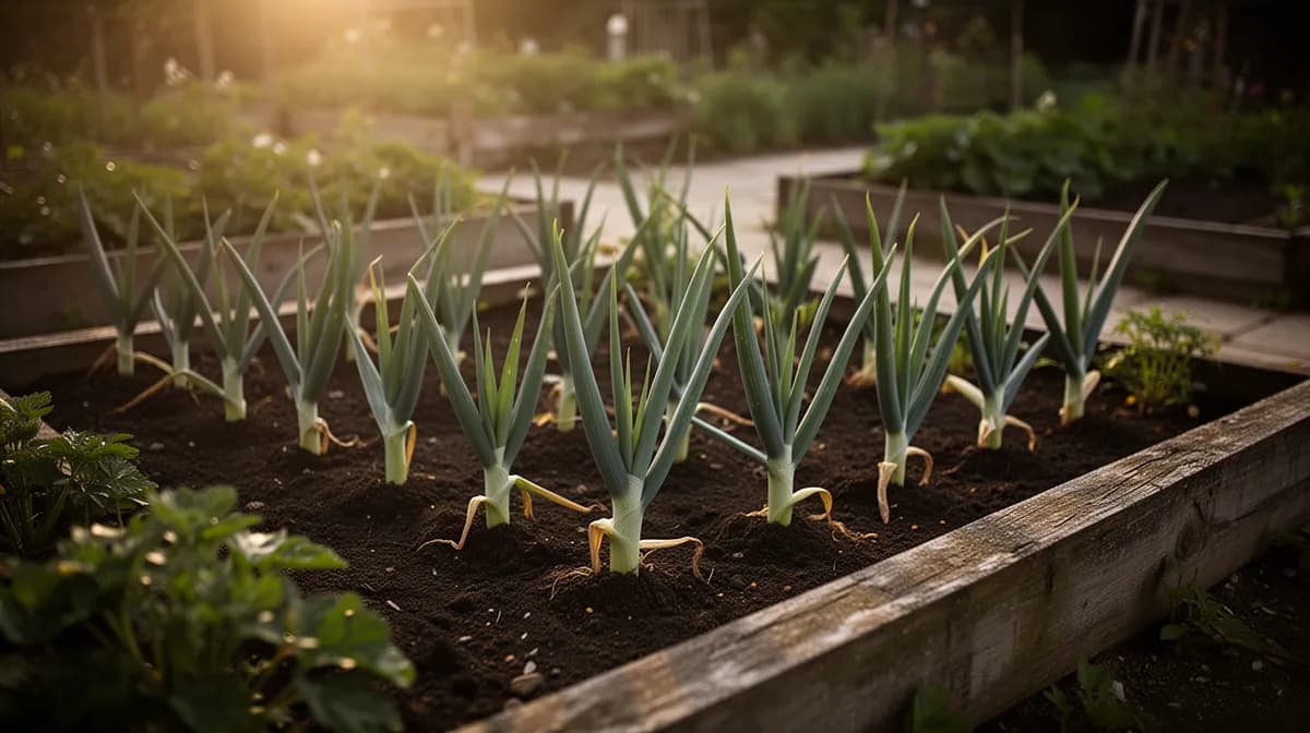 Leeks growing in a garden bed with hilled soil