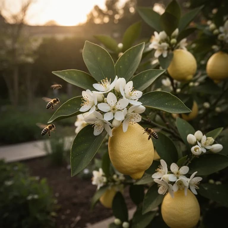 White fragrant lemon blossoms with purple-tinged buds on a Eureka lemon branch