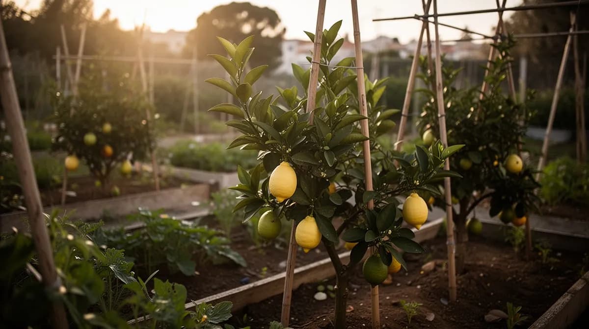 Mature Lisbon lemon tree in a large glazed pot on a sheltered courtyard wall covered in ripe fruit