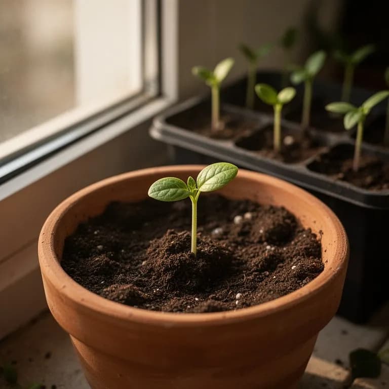 Young Lisbon lemon tree in a nursery container showing glossy dark green leaves and a few small thorns