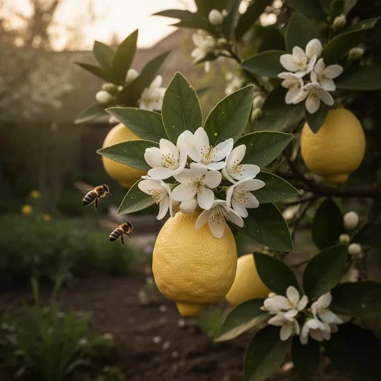 Fragrant white Meyer lemon blossoms opening on a branch with glossy dark green leaves