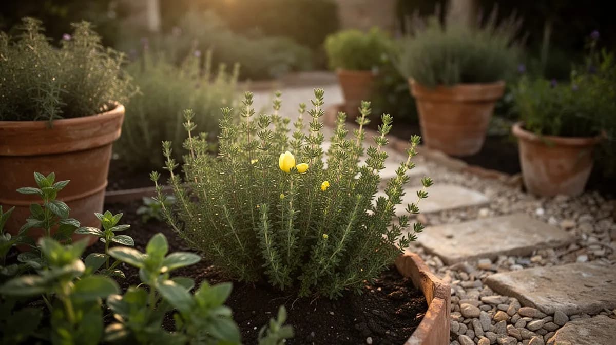 Aromatischer Zitronenthymian, der in einem Terrakottatopf auf einer sonnigen Terrasse mit herabhängenden aromatischen Trieben gedeiht