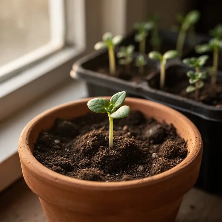Aromatischer Zitronenthymian-Keimling mit winzigen ovalen Blättern, der im zeitigen Frühling aus einem biologisch abbaubaren Torftopf sprießt