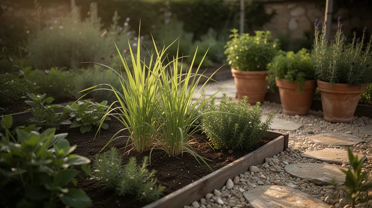 Lemongrass growing in a raised garden bed