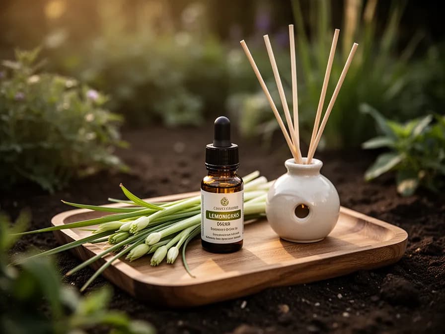 Sliced lemongrass stalks on a cutting board with herbs