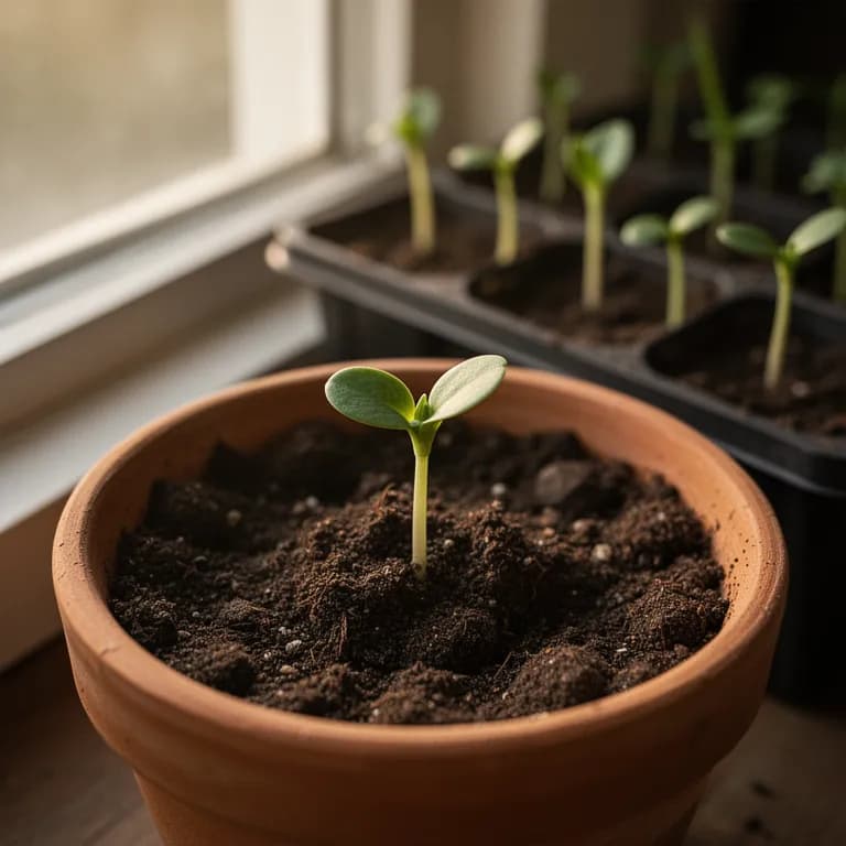 Young lemongrass seedling emerging from soil