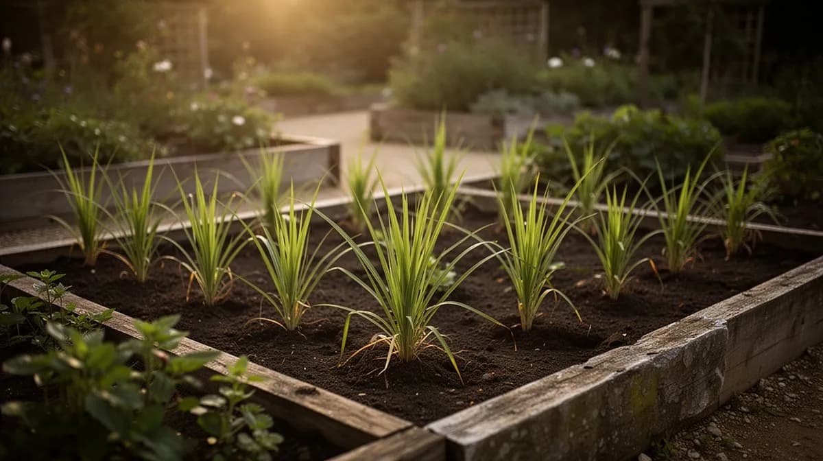 Large ornamental lemongrass plant growing in a sunny garden border with other herbs