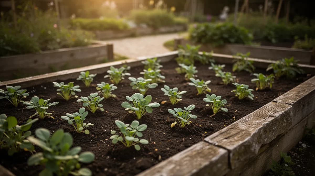 Dichte Blockpflanzung von Linsenpflanzen, die sich gegenseitig in einem Gartenbeet stützen