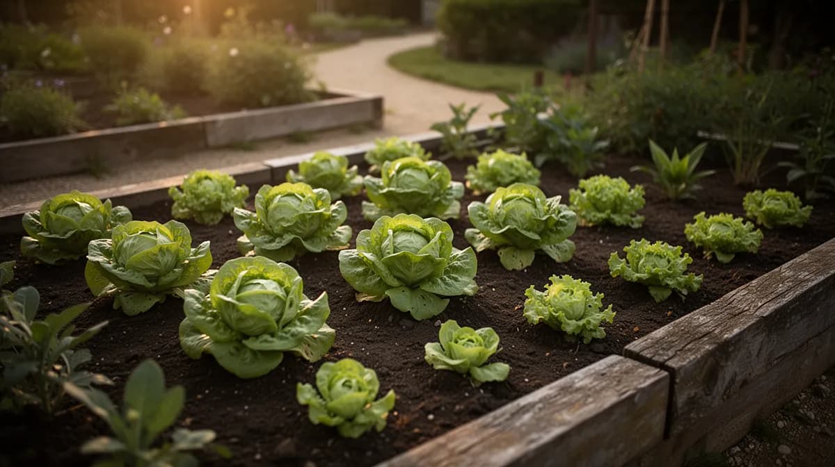 Rows of butterhead lettuce growing in a raised garden bed