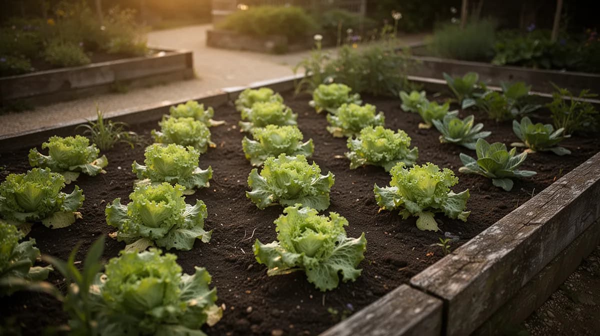 Row of iceberg lettuce plants growing in a well-mulched garden bed
