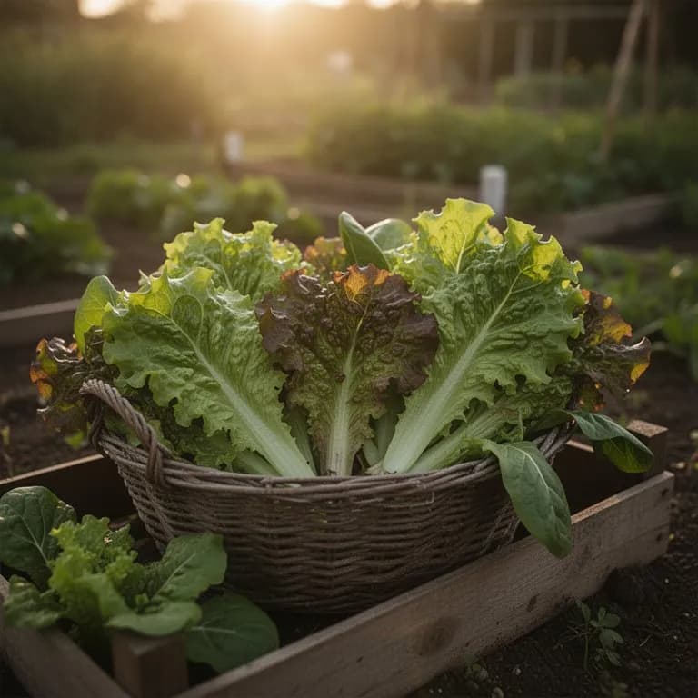 Frisch geerntete Lollo Rossa Salatköpfe, arrangiert in einem Gartenkorb