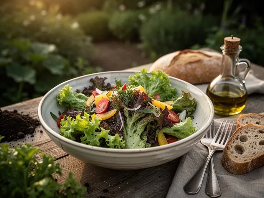 Frischer gemischter Salat mit gezupften Lollo Rossa Blättern, Kirschtomaten und gehobeltem Parmesan
