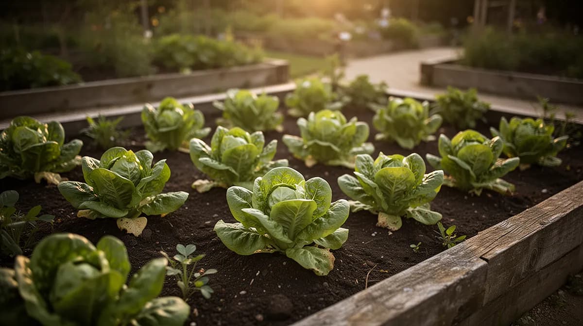 Row of romaine lettuce growing in a raised garden bed