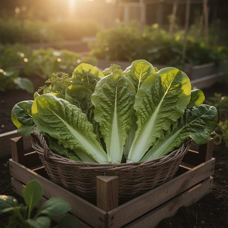 Freshly harvested romaine lettuce heads in a garden basket