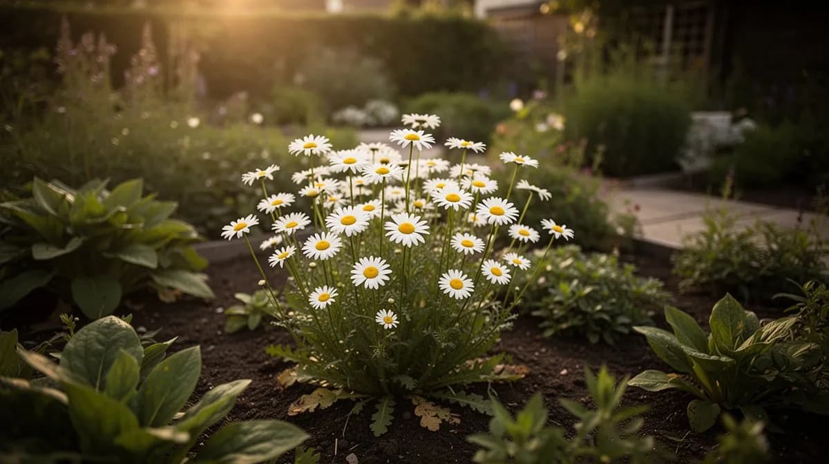 Margeriten, die neben Wildblumen und Gemüserabatten wachsen und Bestäuber anlocken