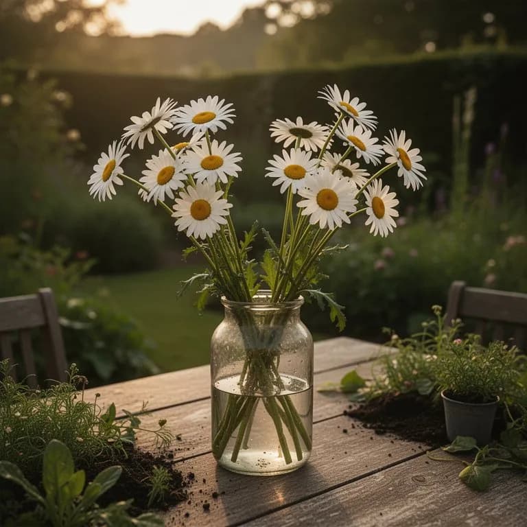 Frisch geschnittene Margeriten-Stängel, zu einem Bündel zum Trocknen zusammengefasst