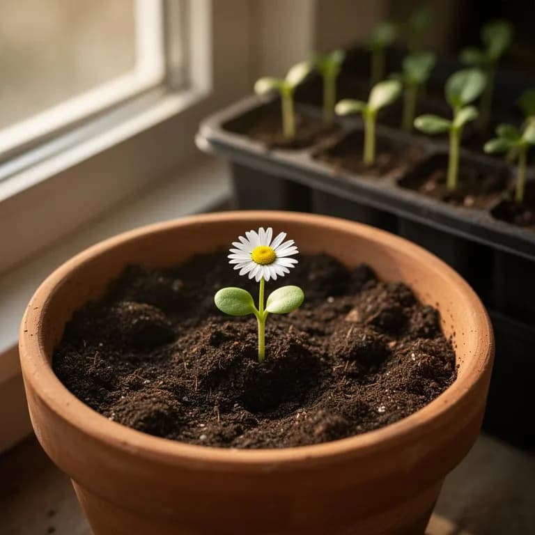 Junge Margeriten-Keimlinge mit ihren ersten echten Blättern, die aus dem Boden sprießen