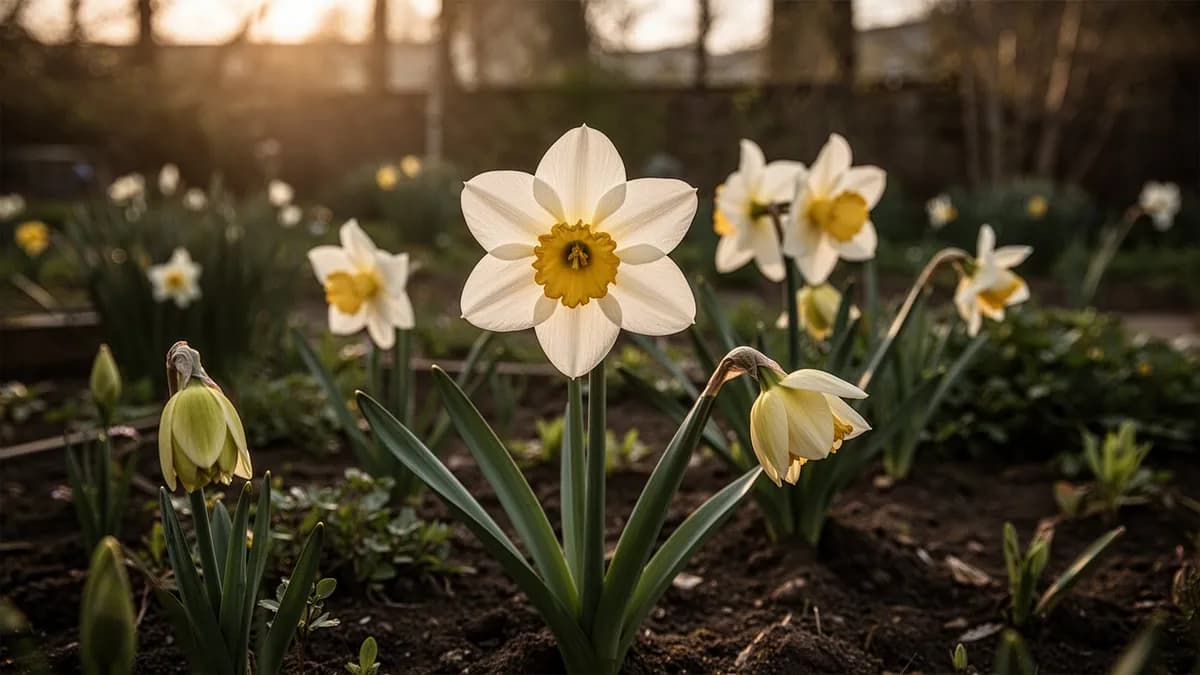 Leucojum vernum plantado junto a campanillas de invierno Galanthus en un arriate sombreado mostrando la diferencia de tamaño entre ambas plantas