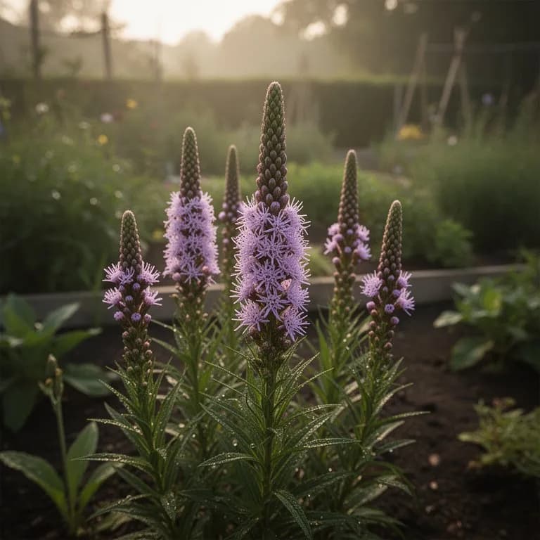Monarchfalter und einheimische Bienen, die an einer blühenden Liatris-spicata-Blütenähre Nektar sammeln