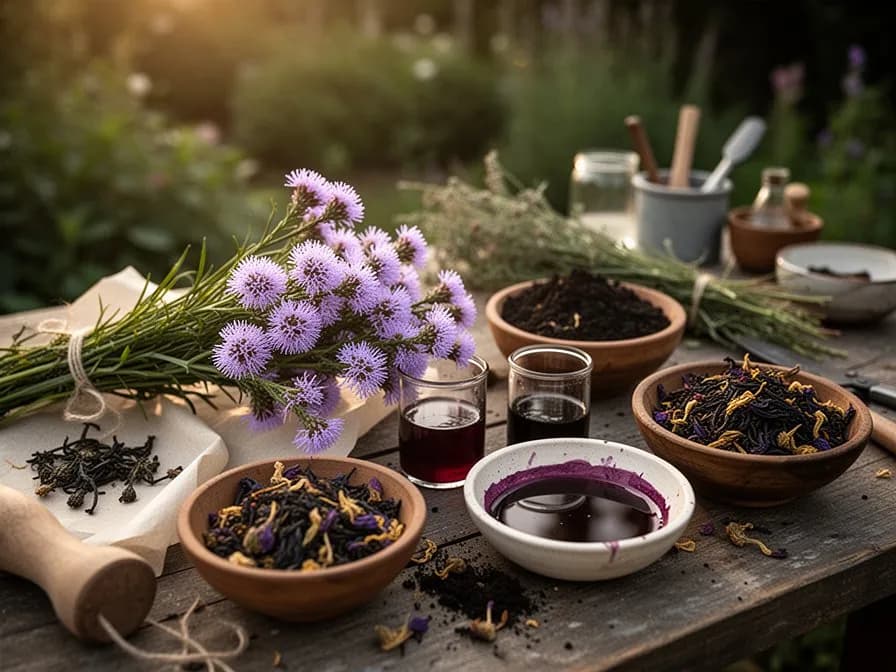 Elegantes Vasen-Arrangement mit violetten Liatris-spicata-Ähren, ergänzt durch weiße Rosen und Grün