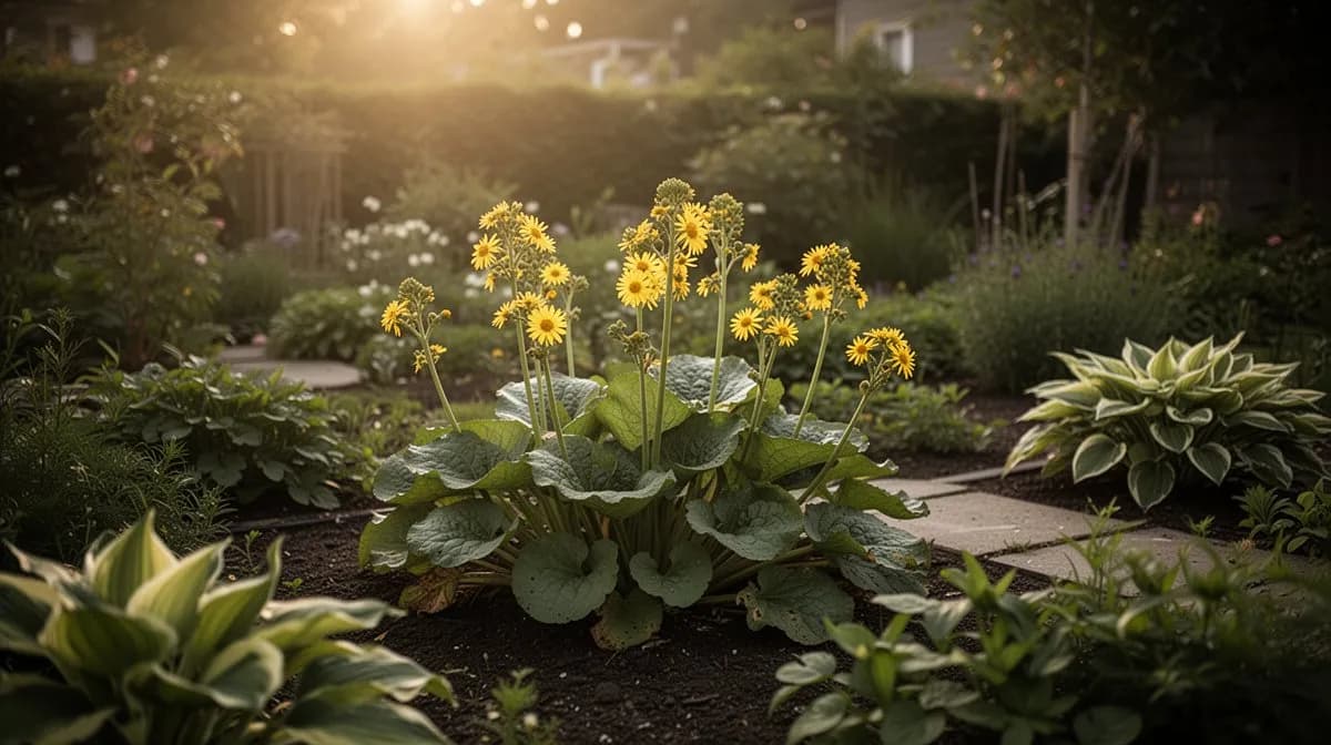 Ligularia plantada junto a hostas y helechos en un jardin umbroso de estilo bosque