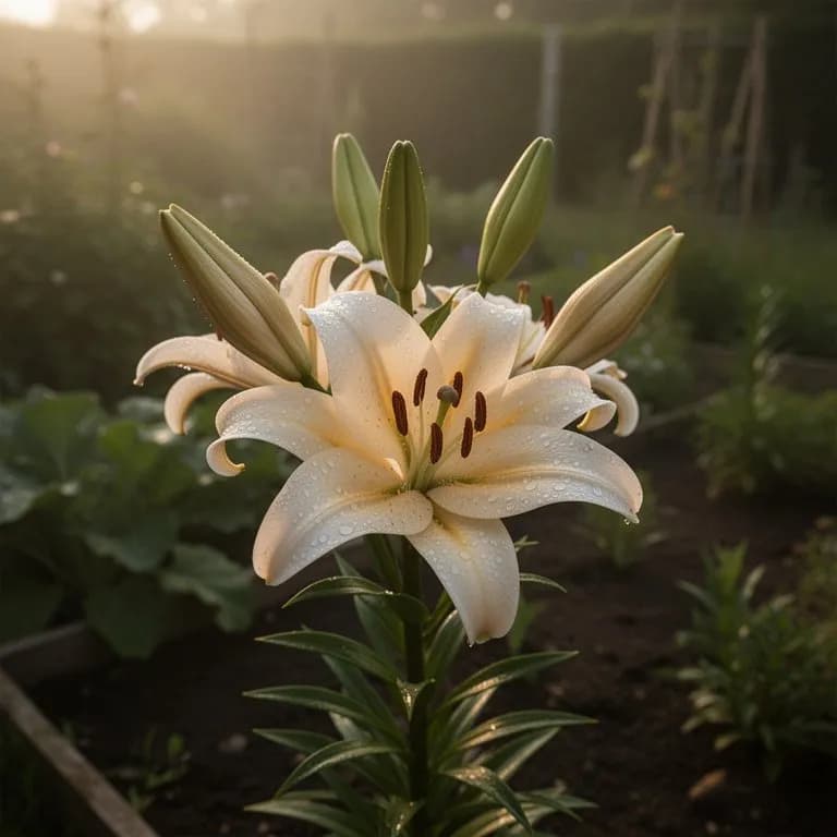 Mehrere Orientalische Lilien in voller Blüte mit zurückgebogenen, gefleckten Blütenblättern und markanten Staubgefäßen