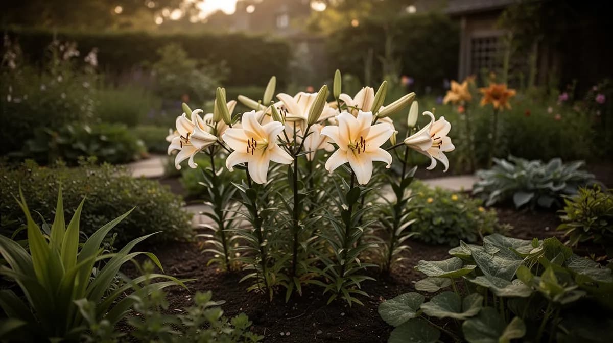 Frische Orientalische Lilienzwiebeln werden in gut durchlässigen Gartenboden in der richtigen Tiefe gepflanzt