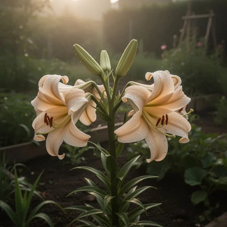 A bouquet of freshly cut trumpet lilies arranged in a glass vase