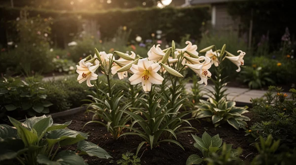 Trumpet lily bulbs being planted in well-prepared garden soil