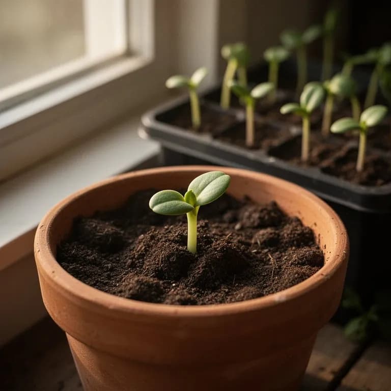 Young trumpet lily shoots emerging from the soil in early spring