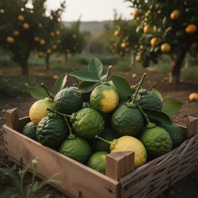 Frutos verdes y abultados de limero makrut colgando de una rama