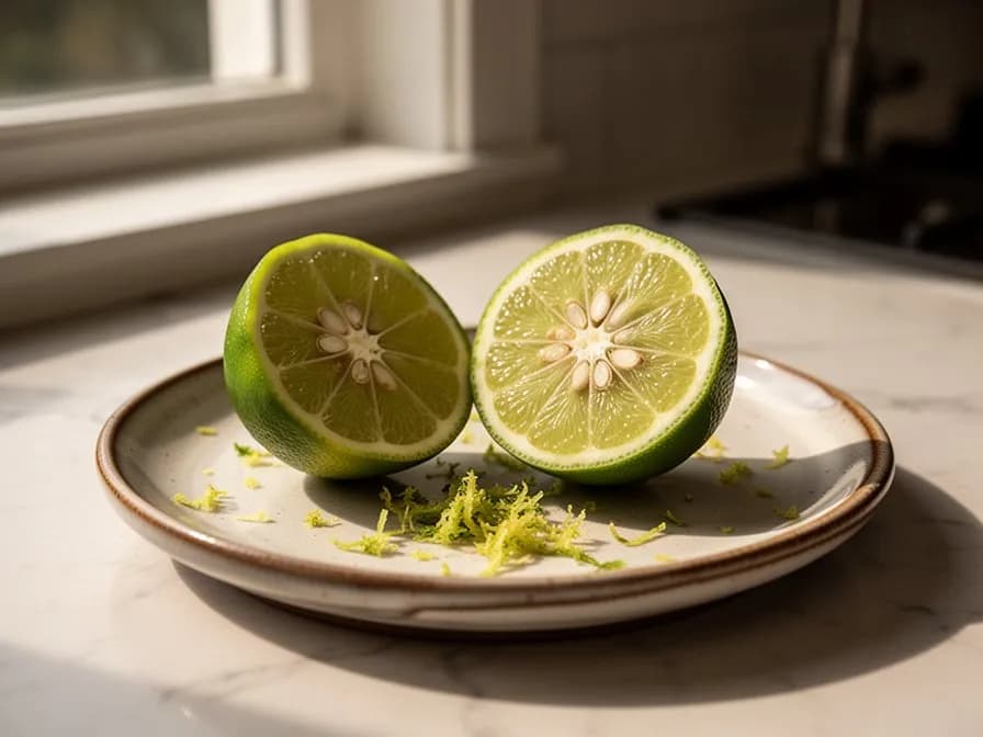 Halbierte Persische Limette mit blassgrünem kernlosem Fruchtfleisch und feinkörnigen Saftbläschen