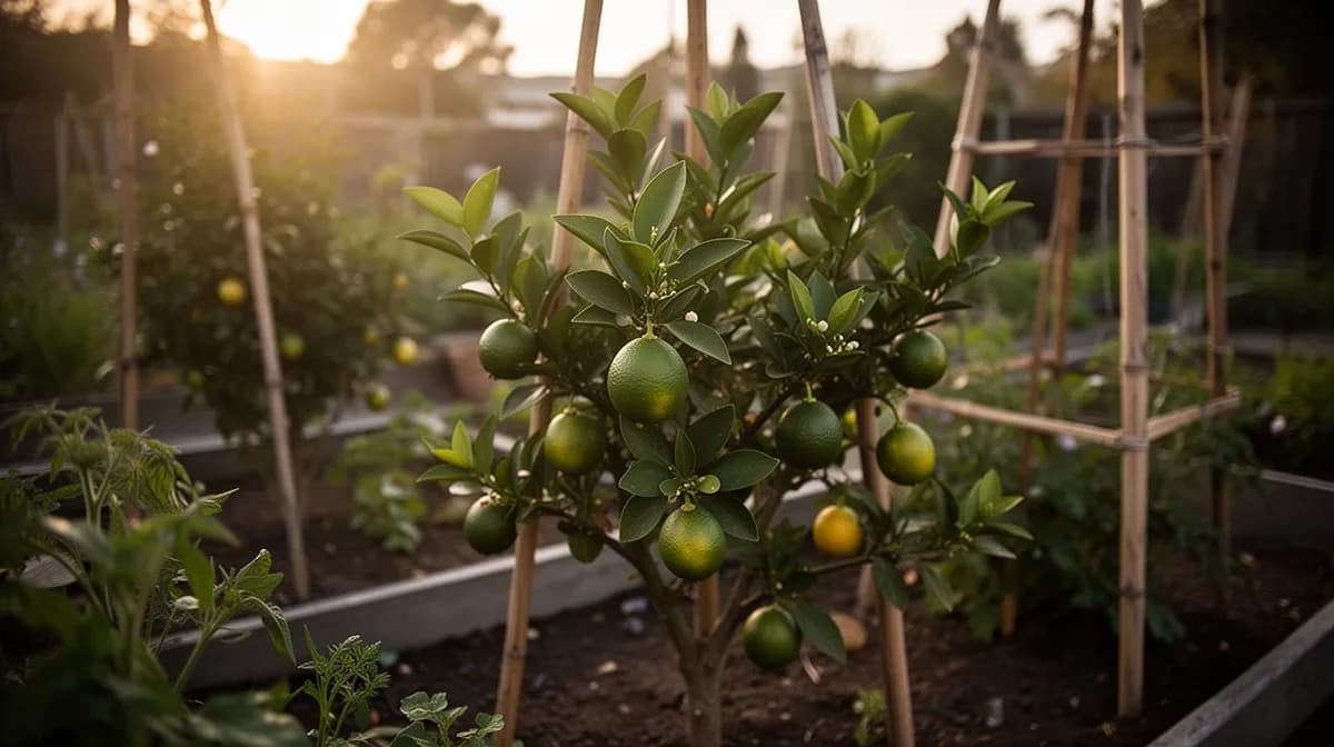 Persischer Limettenbaum in einem großen Terrakottatopf auf einer sonnigen Terrasse mit sichtbaren Früchten