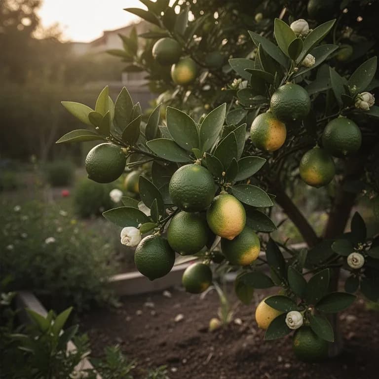 Büschel großer ovaler Persischer Limetten, die am Baum hängen, dunkelgrün und glattschalig