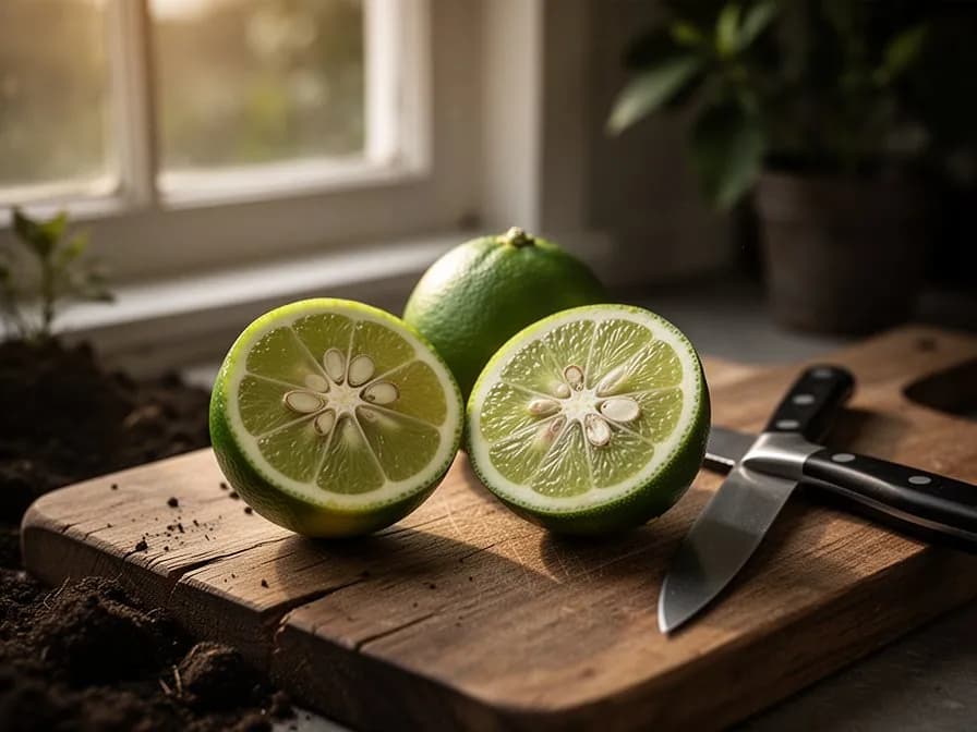 Frisch geerntete, halbierte Limetten mit saftig grünem Inneren