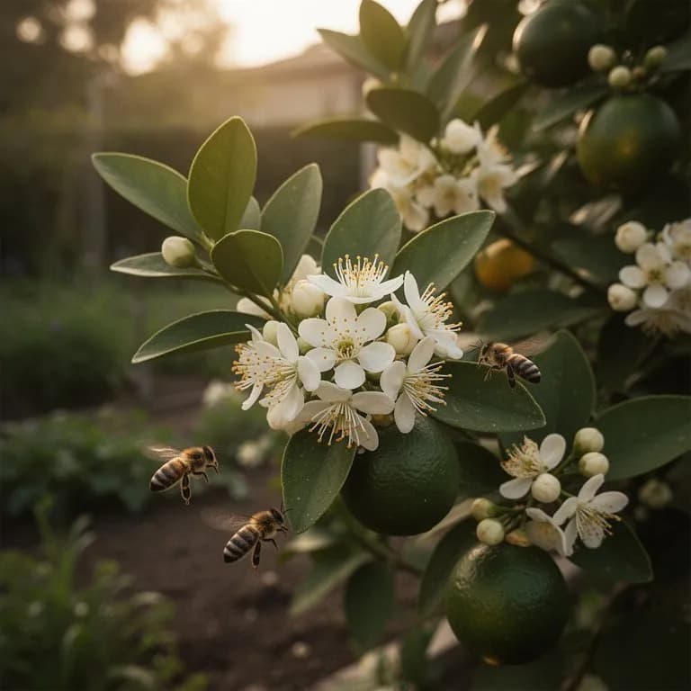 Pequeñas flores blancas de limaquat con estambres amarillos