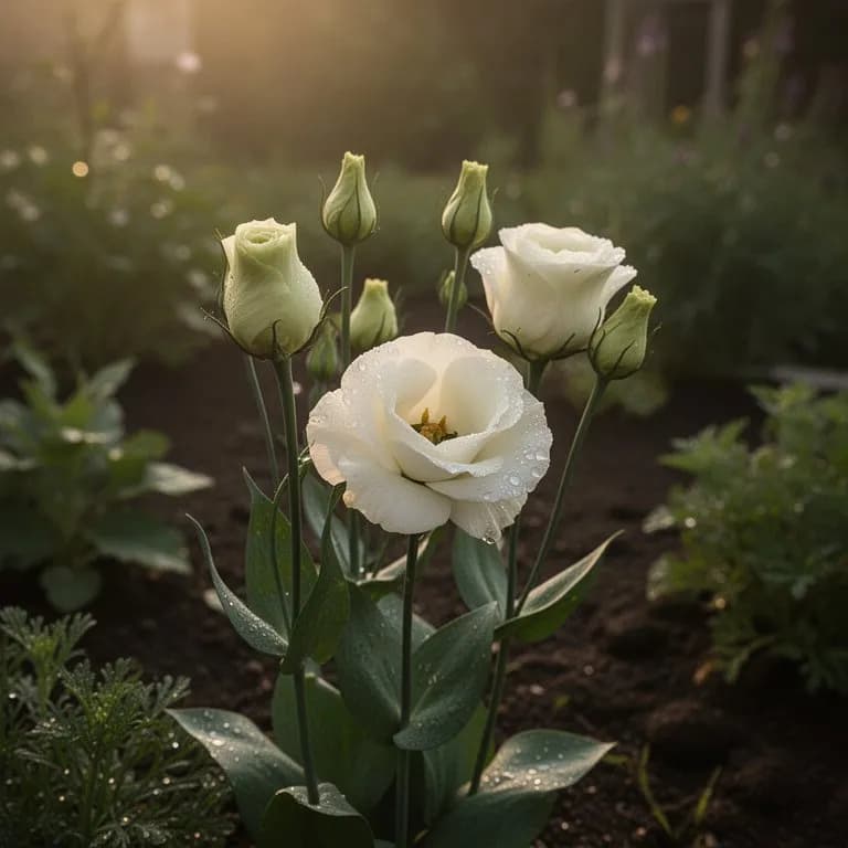 Nahaufnahme einer vollständig geöffneten gefüllten Lisianthus-Blüte mit gerüschten Blütenblattschichten