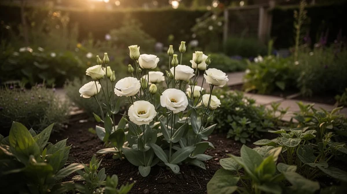Eine Massenpflanzung von Lisianthus in voller Blüte, die ein Meer aus Pastellblumen bildet