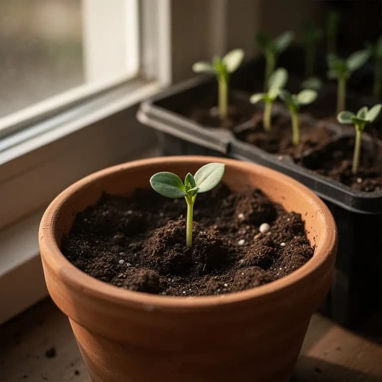 Winzige Lisianthus-Sämlinge wachsen in einer Aussaatschale unter Pflanzenlampen